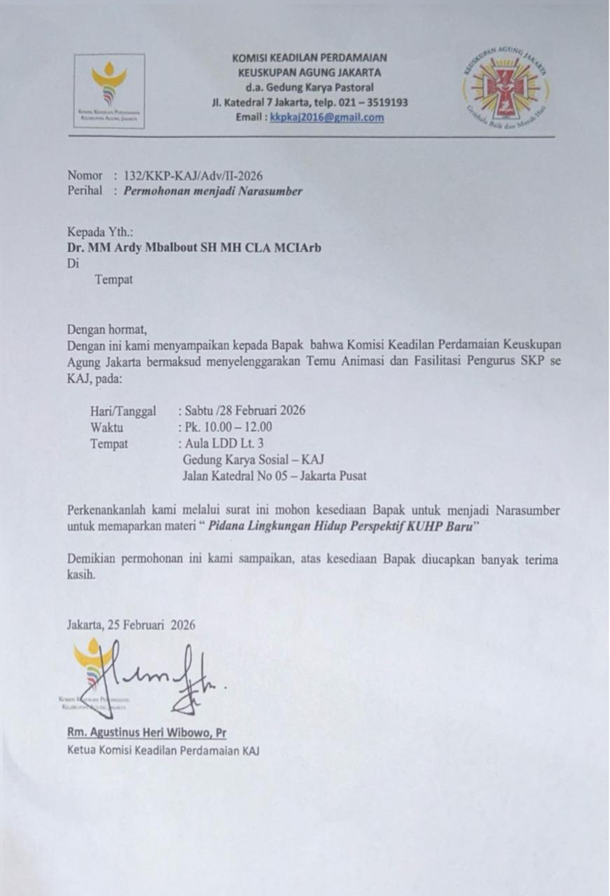 Narasumber pada Komisi Keadilan Perdamaian Keusukupan Agung Jakarta dengan materi “Pidana Lingkunga Hidup Perspektif KUHP Baru”